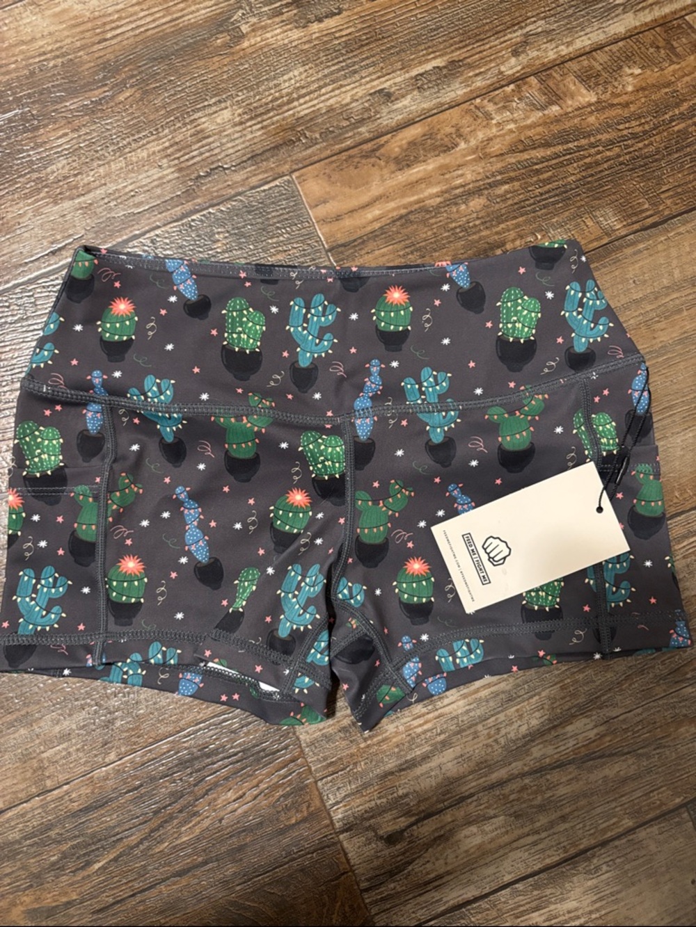 Feed Me Fight Me Dark Gray Athletic Shorts with Green & Teal Cactus Print